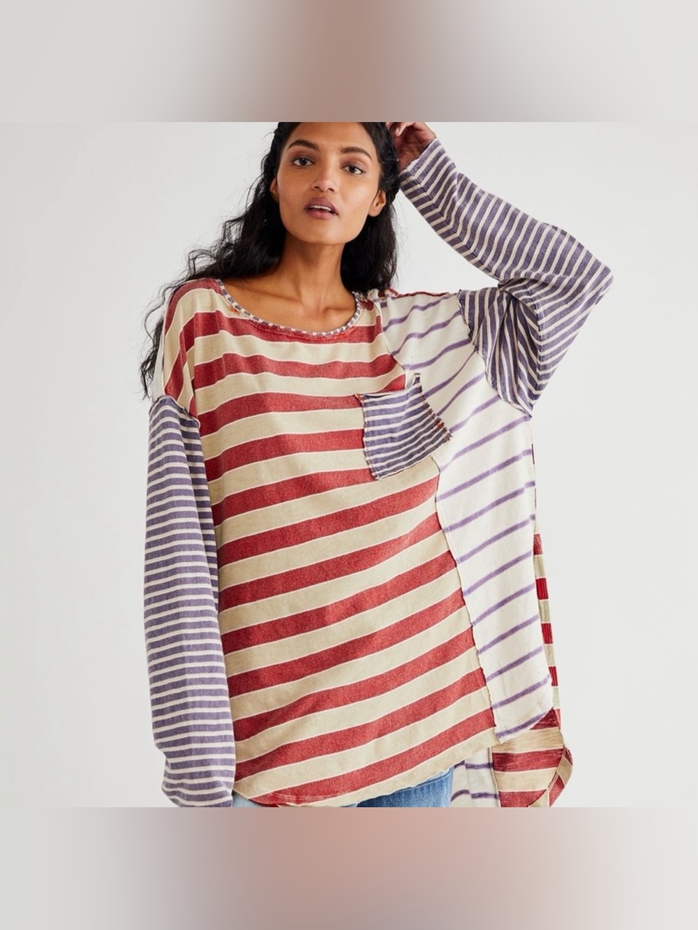 NWT Free People S We the Free Stipey Prep Tee in Preppy Combo New $98 Cotton